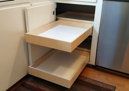 Blind hidden corner cabinet rollout sliding shelves